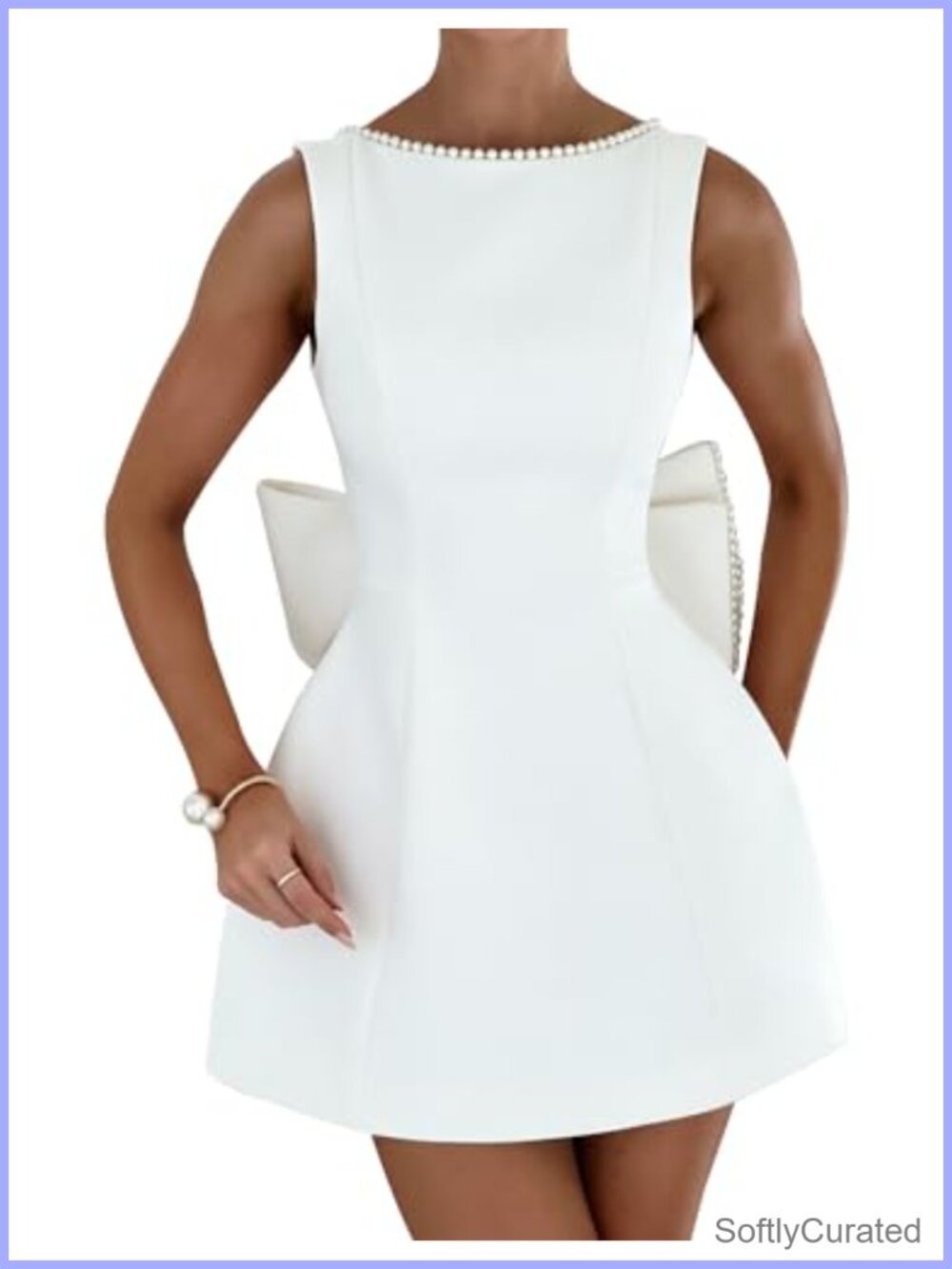 A-Line Sleeveless Pearl Dress with Bows Crew Neck Mini Formal HOCO